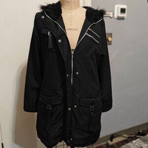Woman's Black Jacket. Mid length. with Hood,  Zippers and Pockets. Size L